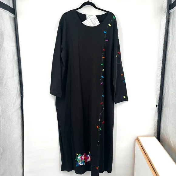 Vintage Quacker Factory Christmas Dress Black Embroidered 2X Cotton Maxi NWT - Picture 1 of 10